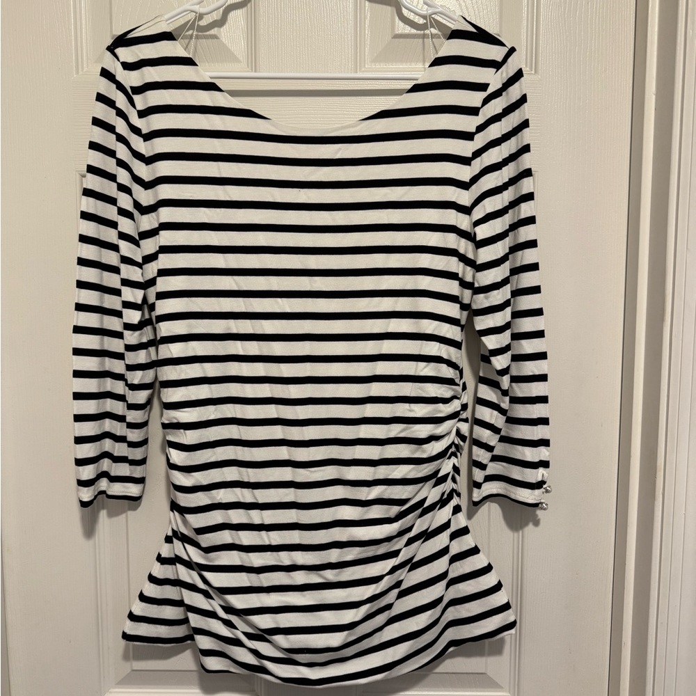 White House Black Market Ruched Black and White Long Sleeve Top